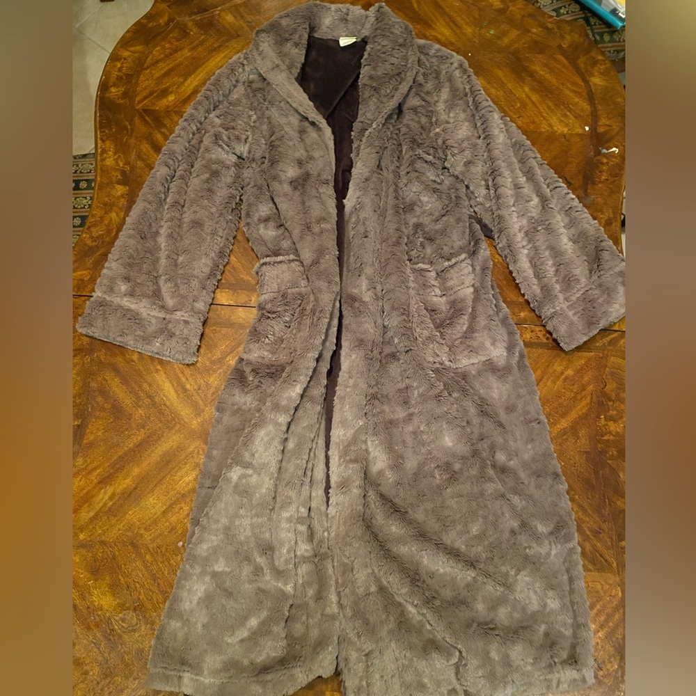 Soma Luxe Plush Robe Gray Tie Pockets Long Lined Sz L